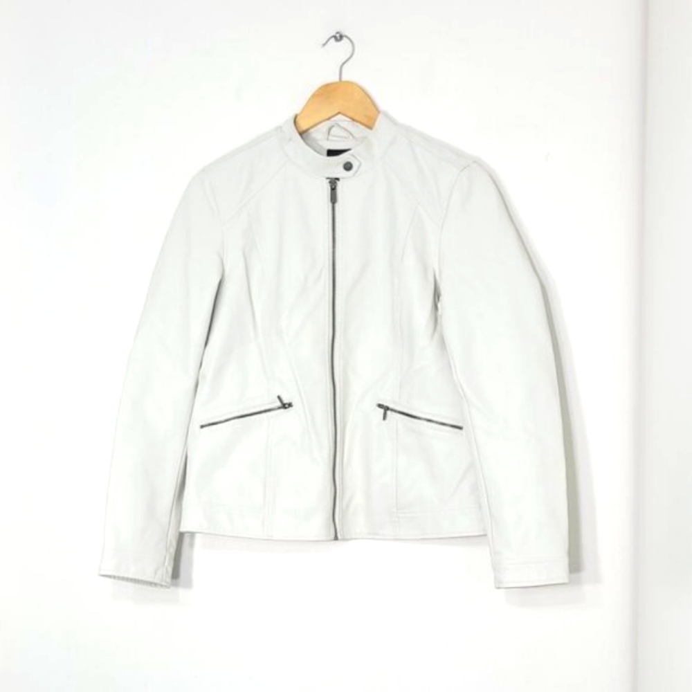 Reitmans Women's Sleek White Pockets Zipper Front Slim-Fit Biker Jacket Size S